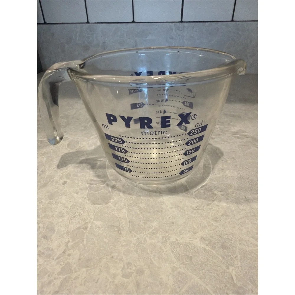 Pyrex Vintage One Cup Blue Letter 8 oz Liquid Glass Measuring Cup Made in USA